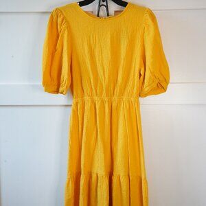 Sunday in Brooklyn, Tie Open Back Puff Sleeve Ruffle Midi Dress, Yellow, Gold